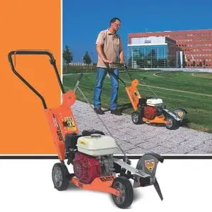 the Eliet Rolling Lawn Edger KS 300 PRO-1 superimposed on an orange and white background and a picture of a man using the machine to cut the edge of a lawn