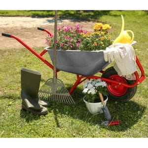 a metal wheelbarrow full of plants, next to Wellington boots, a rake, plant pot and gardening hand tools
