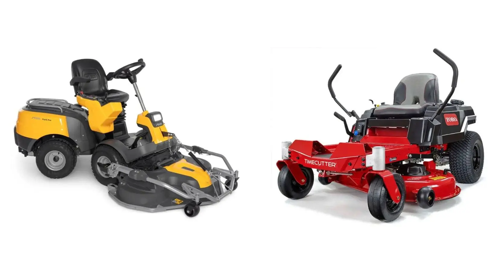 a STIGA Park Pro 900 WX Petrol Front Mower and a Toro TimeCutter ZS4200S 107cm Petrol Zero Turn Mower facing each other against a white background