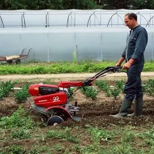 a man using the Honda Tiller F720 to cultivate soil outside a large greenhouse