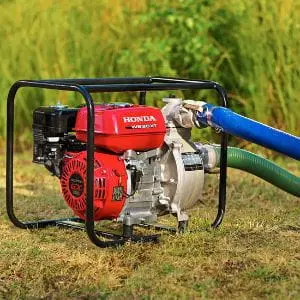Honda WB20 petrol water pump positioned on grass, with a blue discharge hose and green suction hose attached, against a backdrop of tall vegetation.