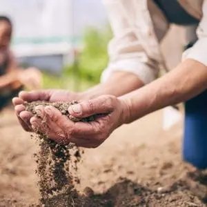 a man knelt down on the ground, picking up soil in his hands